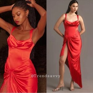 For Love & Lemons Silk Asymmetrical Fringe Midi Dress Red Anthropologie NWT